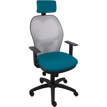 Silla de Oficina Jorquera con Malla Gris y Asiento Bali Verde Petróleo, Cabecero Ajustable