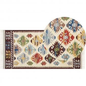 Alfombra Kilim Multicolor de Lana 80 x 150 cm Tejido a Mano con Motivo Oriental y Flecos