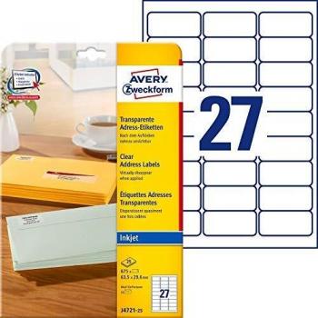 Etiquetas Adhesivas Transparentes Avery Zweckform J4721-25, 63.5 x 29.6 mm, Paquete de 25 hojas (675 etiquetas)