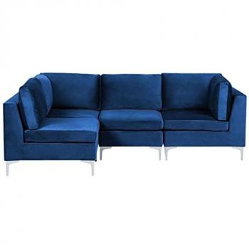 Sofá Modular Esquinero Derecho 4 Plazas de Terciopelo Azul con Patas de Metal Plateado