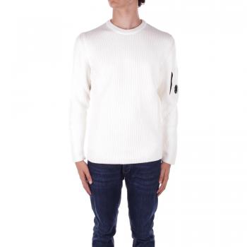 C.P. Company Men's White Ribbed Knit Sweater with Logo Detail