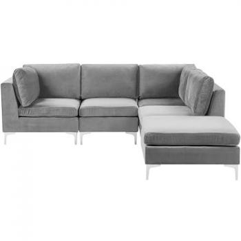Sofá Esquinero Modular Izquierdo de Terciopelo Gris 4 Plazas con Otomana y Patas de Metal Evja