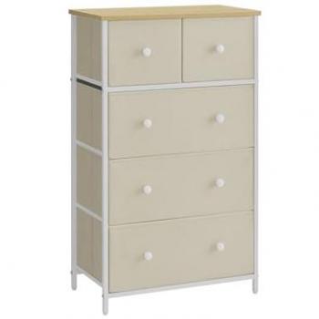 Cómoda de almacenamiento de tela de 5 cajones, cajonera de estilo industrial para salón, pasillo y cuarto de niños, en gris claro, blanco y amarillo camello