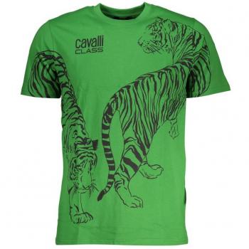 Cavalli Class Green Cotton T-Shirt - L, Tiger Print, Male