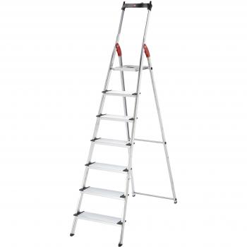 Hailo XXL - Escalera doméstica de aluminio, peldaños extra anchos, bandeja multifuncional, gancho para cubo y pinza para cable