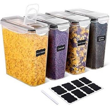 SIKITUT Recipientes para Cereales, Botes Cocina de Alimentos, Jarras de Almacenamiento de Plástico con Tapa para Cereales, Pasta, Arroz, Harina Sin BPA 3.7L 4 Piezas