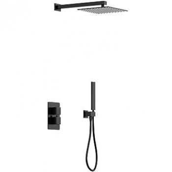 Conjunto de ducha encastrable con grifo mezclador termostático y soporte mural - Negro mate - TEREK