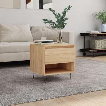 Mesa de centro de madera de ingeniería 50x46x50 cm en color Blanco, Negro y acabado brillante, ideal para salón o comedor, también conocida como mesa auxiliar o mesa de café; variante en roble Sonoma con el mismo tamaño y acabado