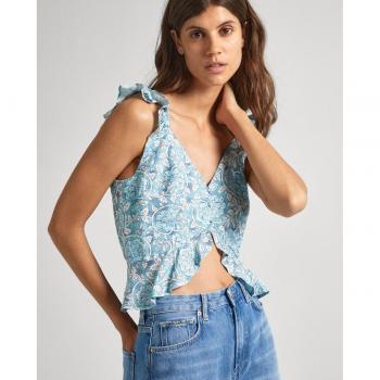 Top Pepe Jeans Mujer Azul Emilia con Detalle de Volantes y Cierre Abotonado