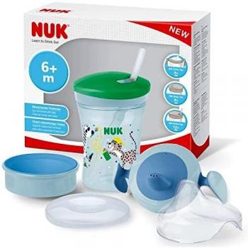 NUK 3-in-1 Learning to Drink Set with Trainer Cup (6+ Months), Magic Cup 360° Drinking Cup (8+ M) & Action Cup Drinking Bottle Children (12+ M) | 230 ml | BPA Free | Green Leopard