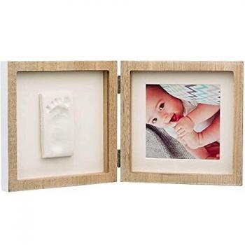 Baby Art Square Frame Set de Marco de foto y Huella de bebé en Arcilla, Recuerdo de las huellas de mano y pie, Madera natural