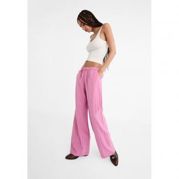 Striped Relaxed Fit Linen Blend Trousers - Pink M