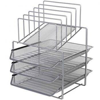 Exerz Organizador Oficina/ Bandejas de 3 Capas de Alambre con 5 separadores de Malla - Bandeja Oficina/ Clasificador de Papel/ Escritorio Organizador/ Bandeja Portadocumentos - Plata