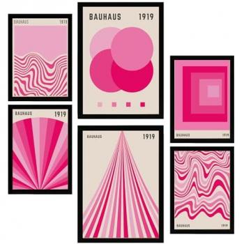 Set de 6 Pósters Geométricos Bauhaus en Colores Vibrantes Rosa Fucsia para Decorar Paredes del Hogar, Tamaños A3 y A4, Sin Marco