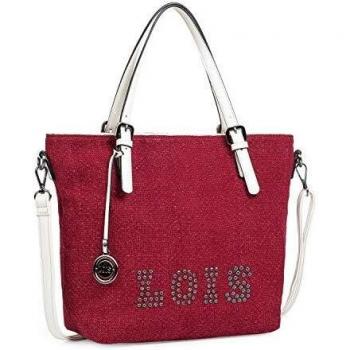Lois - Bolso de Mujer Tipo Shopping con Asas y Bandolera. Lino y Cuero PU Polipiel. Logo con Remaches. Grande cómodo y para Viaje Compras o Diario. 301081, Color Rojo
