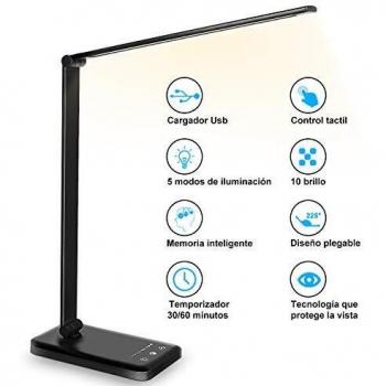 Lámpara Escritorio LED, Flexo de Escritorio, La luz natural protege los ojos, Lampara led Escritorio regulable con puerto de carga USB, 5 Modos, 10 Niveles de Brillo,Temporizador de 30/60min