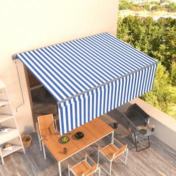 Toldo automático retráctil con persiana azul y blanco 4x3 m, resistente al agua, protección contra rayos UV, ideal para balcón y jardín