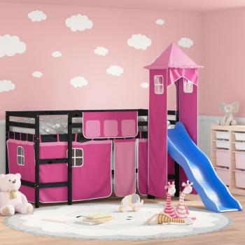 Cama alta con torre infantil Rosa 90x200cm Pino macizo