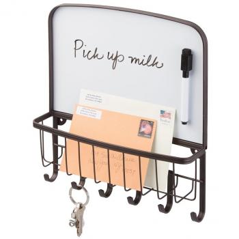 mDesign Organizador de cartas con colgador de llaves en acero - Estante de pared para ordenar llaves con 5 ganchos - Moderno cuelga llaves con pizarra blanca para mensajes - color: bronce