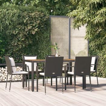 7 Piece Black Poly Rattan Garden Dining Set with Cushions