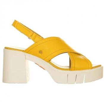 Sandalias de Piel para Mujer Art Eivissa Amarillo con Tacón de 8,5 cm y Hebilla