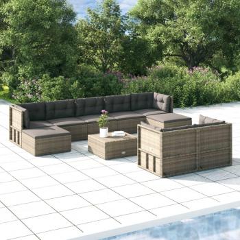 9-Piece Grey Poly Rattan Garden Lounge Set with Cushions