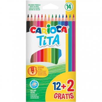 Lápices de colores Carioca Tita hexagonal 12 unidades colores surtidos + 2 gratis, mina super resistente para una duración máxima, 100% reciclables, estuche hexagonal