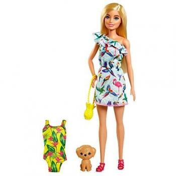 Barbie Muñeca rubia con maleta, bañador, perrito mascota y accesorios de viaje, regalo para niñas y niños +3 años