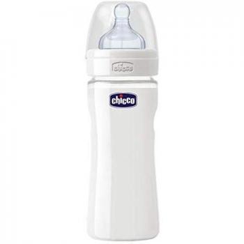 Chicco Wellbeing - Biberón de vidrio/cristal con tetina silicona, flujo normal, 240 ml, 0 m+