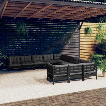 Set de Sofás de Jardín 11 Piezas con Cojines de Madera de Pino Negro Sólido