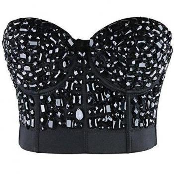 Charmian Women's Punk Rhinestone Push Up Bra Clubwear Party Bustier Crop Top Black Small