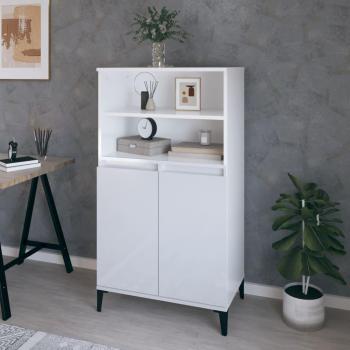 Aparador alto de madera contrachapada blanco brillo 60x36x110 cm, mueble de almacenaje para salón, buffet y armario auxiliar
