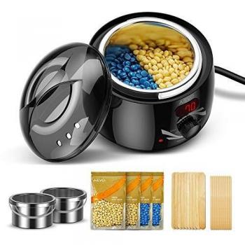 AEVO Calentador de Cera, Kit de Depilación con 2 Contenedores, 4 Bolsas de Cera y 20 Aplicadores, Temperatura Ajustable, Pantalla LED, para Spa Cara Brazos Axilas Piernas Bikini, Unisex