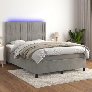 Colchón de muelles y terciopelo LED gris claro 140x190 cm con cama box spring, incluye colchón y luces LED, color gris claro