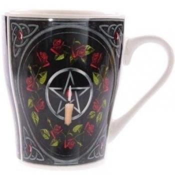 Brujera: pentagrama, rosas y velas - taza de porcelana - diseado por el artista Lisa Parker - en caja de presentacin