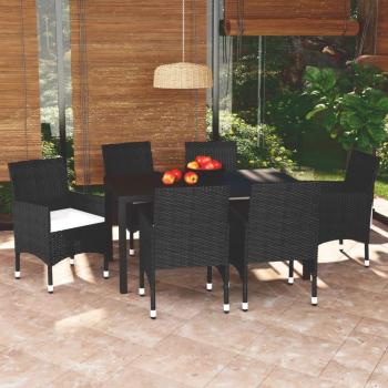 7-Piece Black Poly Rattan Garden Dining Set with Cushions