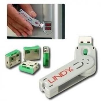 LINDY USB Port Lock with Key - Pack of 4, Green