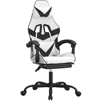 Silla Gaming con Reposapiés Cuero Sintético Blanco Negro, Asiento Reposabrazos, Ruedas Giratoria, Altura Ajustable, Profesional Oficina