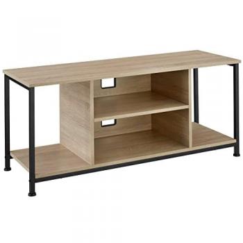 Mueble bajo para televisor estilo industrial con cuatro estantes fijos y uno ajustable en altura, tableros de aglomerado efecto madera con recubrimiento protector de melamina, medidas 110 cm