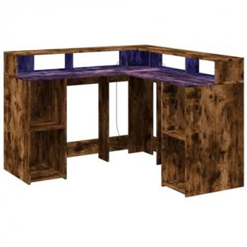 Escritorio con LED de madera de ingeniería en roble ahumado, dimensiones 130x130x91cm