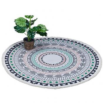 Alfombra Redonda de Algodón con Diseño de Mandala, Ø 120 cm, Antideslizante, con Flecos, Multicolor - Estilo Boho para Sala de Estar