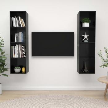 Mueble de salón de pared 2 piezas madera de ingeniería, Mueble TV aglomerado negro con brillo, 2 gabinetes de pared para TV de madera contrachapada negra brillante