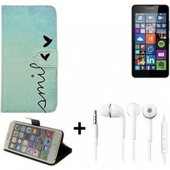 360° Funda Smartphone para Microsoft Lumia 640 LTE, 'smile' + auriculares | Wallet case flip cover caja bolsa Caso Monedero BookStyle - K-S-Trade