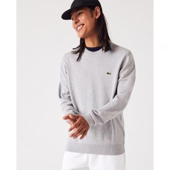 Lacoste Men's Organic Cotton Crew Neck Sweatshirt - Classic Grey with Green Crocodile Embroidery - Size XL