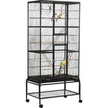 PawHut Jaula para Pájaros con Ruedas 83x53x180 cm Pajarera Metálica de 3 Niveles con 3 Perchas Comederos Juguetes Rampas y E