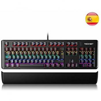 TECKNET Teclado Mecánico Gaming Teclado Gaming Español Switches Marrón Led Multicolor con 8 Modos de iluminación, 105 Teclas 100% Anti-ghosting, Reposa-Muñecas Removible