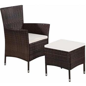 Outdoor Poly Rattan Chair and Stool Set with Cushions - Brown