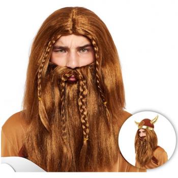 Peluca y Barba de Vikingo Trenzas Marrón