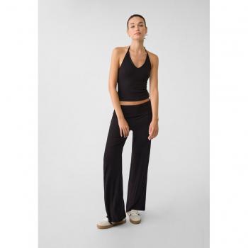 Stradivarius Black Wide-Leg Trousers with Ribbed Fold-Down Waist XS
