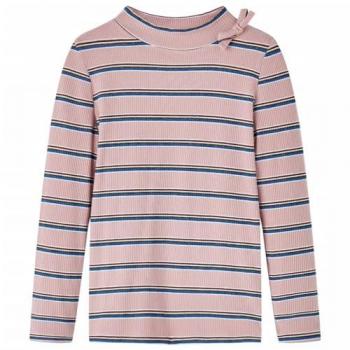 Camiseta Infantil de Manga Larga a Rayas Jersey con Medio Cuello Alto Rosa Claro 140